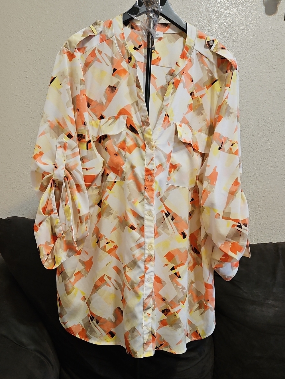 Calvin Klein Orange, Yellow & Cream Abstract Button-Front Blouse